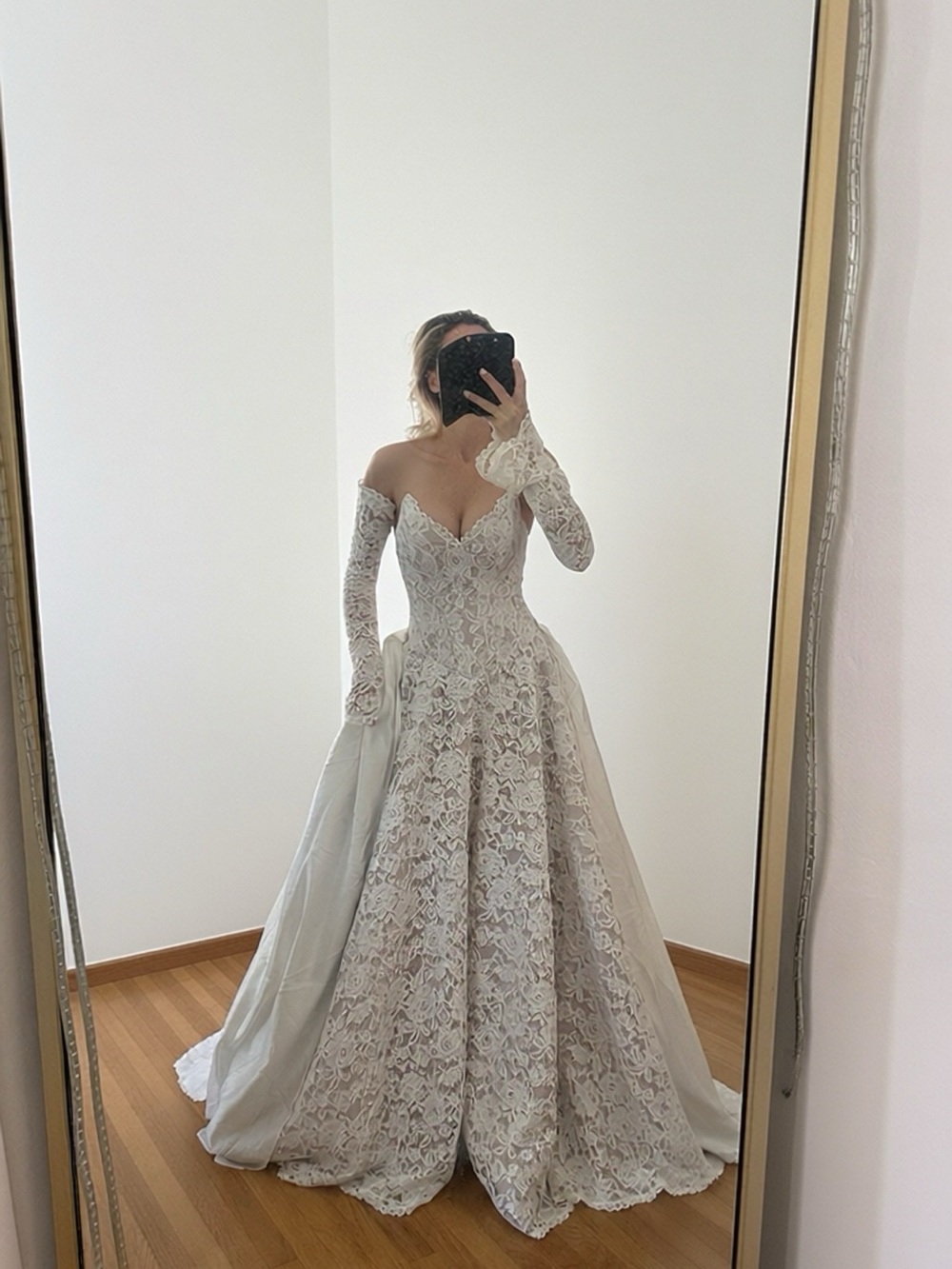 Lace Wedding Dress, Long Sleeves, Open Shoulder A-Line Bridal Gown